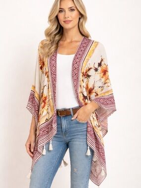 Vince Camuto Boho Floral Kimono Cardigan Tassel Hem Lightweight Open Front OS